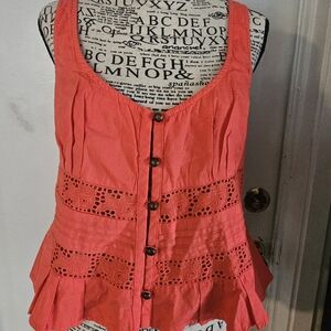 Free People Coral Lace Button-Front Blouse